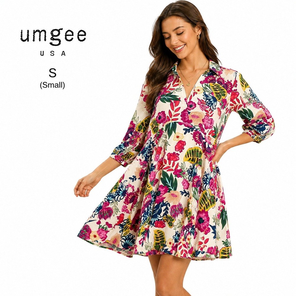 Umgee Floral Babydoll Mini Dress Womens S Pink Multi Tropical V-Neck Boho Resort